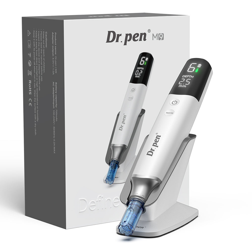Dr. Pen M9 microneedling pen with original packaging, charging stand, and digital display for professional skin treatment.