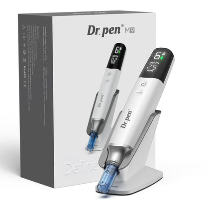 Dr. Pen M9 microneedling pen with original packaging, charging stand, and digital display for professional skin treatment.