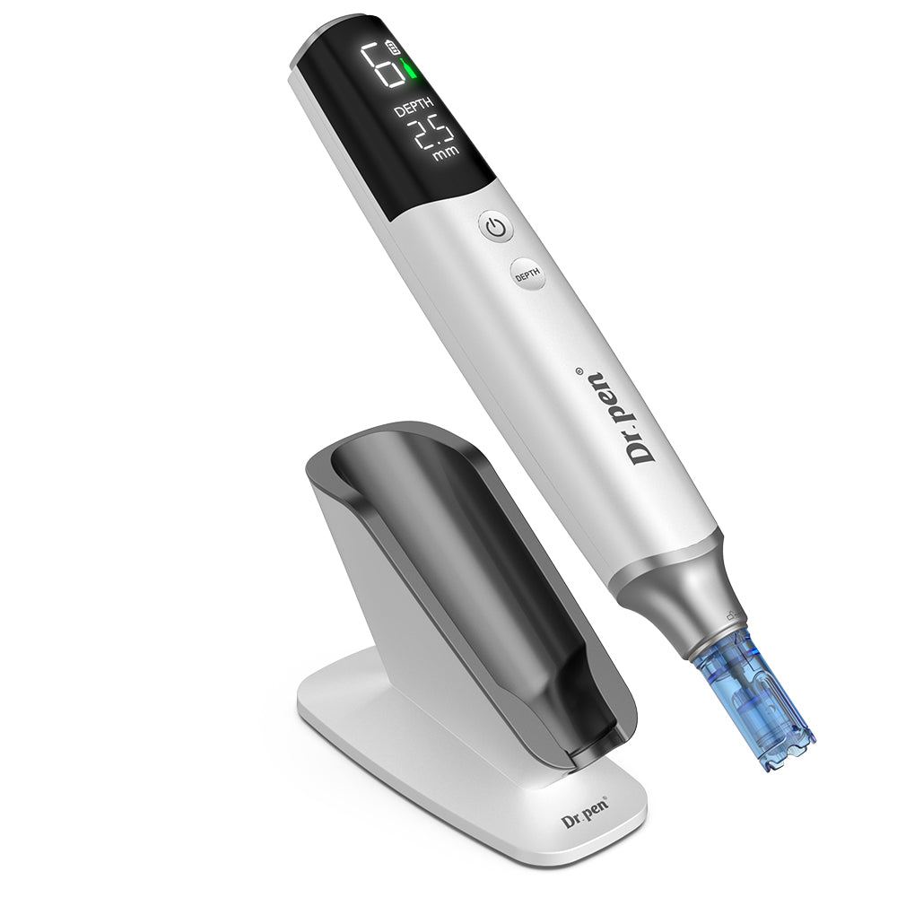 Dr. Pen M9 dermapen with digital display, needle cartridge, and elegant charging stand for professional microneedling and skin treatment.