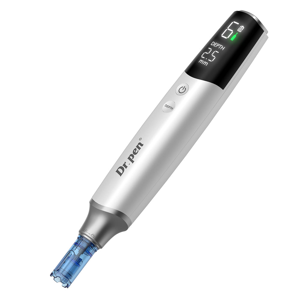 Dr. Pen M9 dermapen with digital display, adjustable needle depth, and needle cartridge for advanced microneedling and skin improvement.