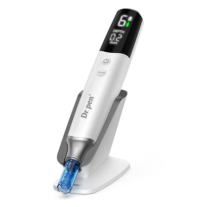 Dr. Pen M9 microneedling pen with digital display, adjustable needle depth, and needle cartridge for professional microneedling at home and in the clinic.