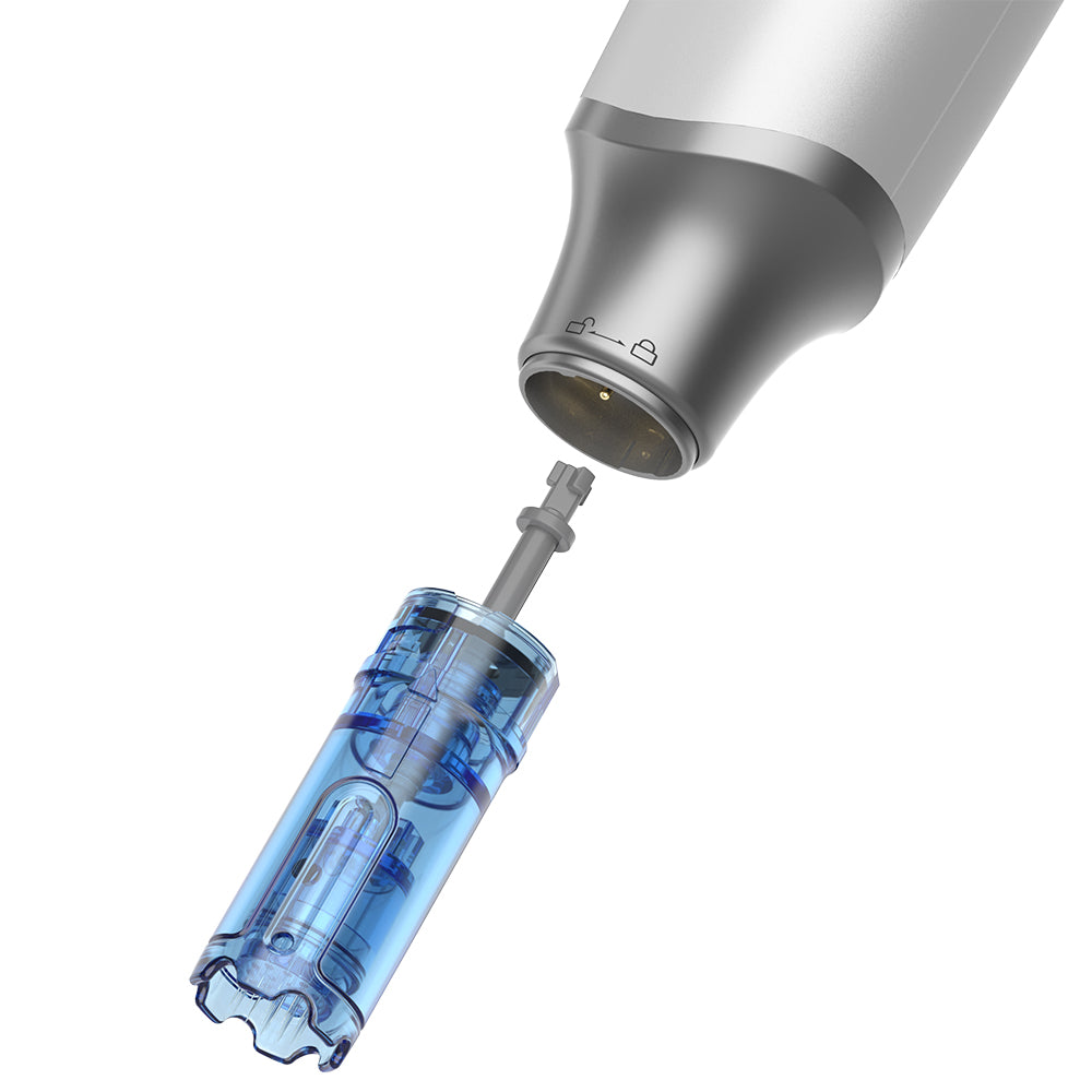 Close-up of Dr. Pen M9 and replaceable needle cartridge for safe and hygienic microneedling treatment.