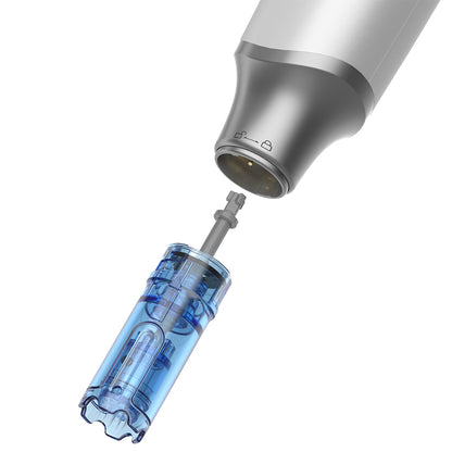 Close-up of Dr. Pen M9 and replaceable needle cartridge for safe and hygienic microneedling treatment.