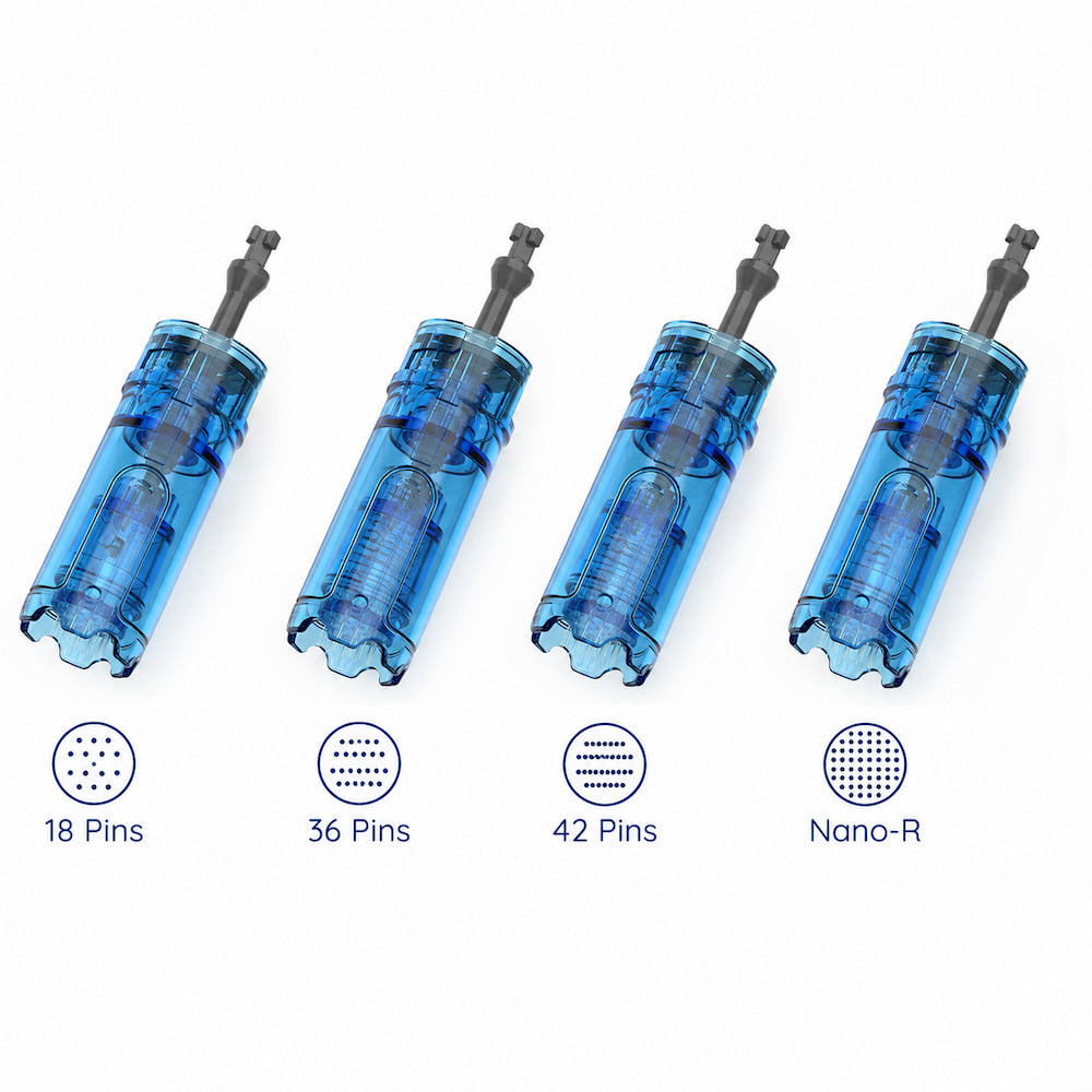Needle cartridges for Dr. Pen M9 for microneedling, including 18-pin, 36-pin, 42-pin and Nano-R for different skin treatments and skin types.