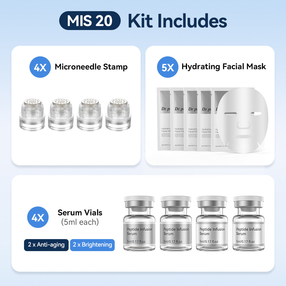 Dr. Pen MIS20 Micro-Infusion Kit with four microneedle stamps, five moisturizing face masks, and four 5 ml serum bottles – two anti-age serums and two serums for a more even and radiant complexion.