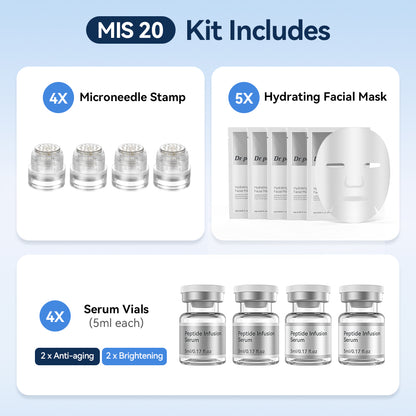 Dr. Pen MIS20 Micro-Infusion Kit with four microneedle stamps, five moisturizing face masks, and four 5 ml serum bottles – two anti-age serums and two serums for a more even and radiant complexion.