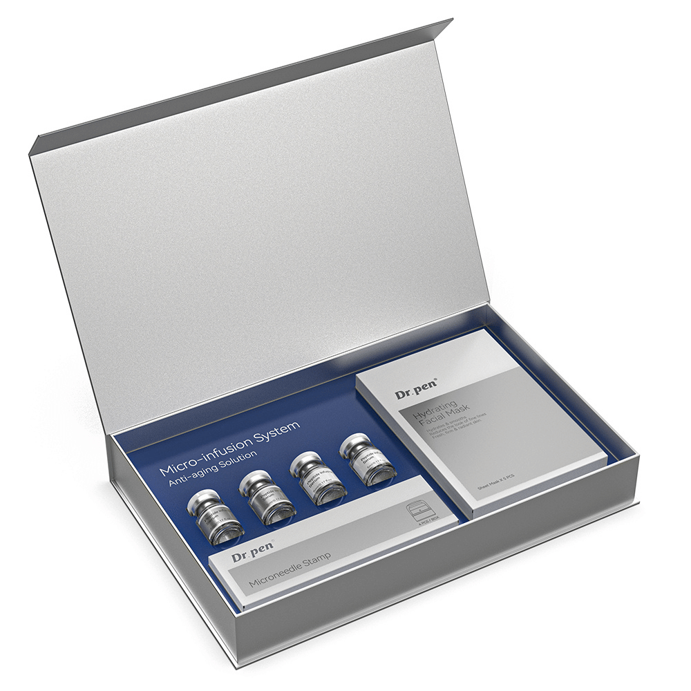 Dr. Pen MIS20 Micro-Infusion System in open packaging with four peptide infusion serums, a microneedle stamp, and moisturizing face masks for micro-infusion and at-home skincare.