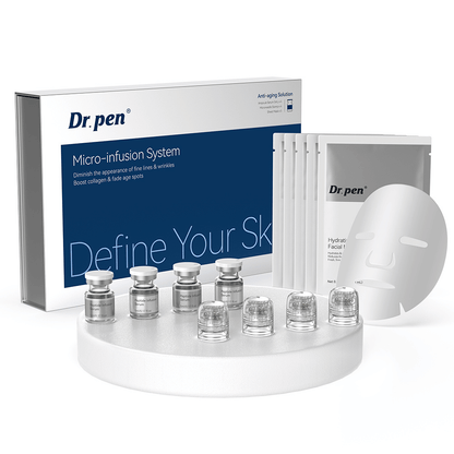 Dr. Pen MIS20 Micro-Infusion System complete skincare kit with peptide infusion serum, micro-infusion applicators, and moisturizing face masks for treating fine lines, uneven skin tone, and dull skin.