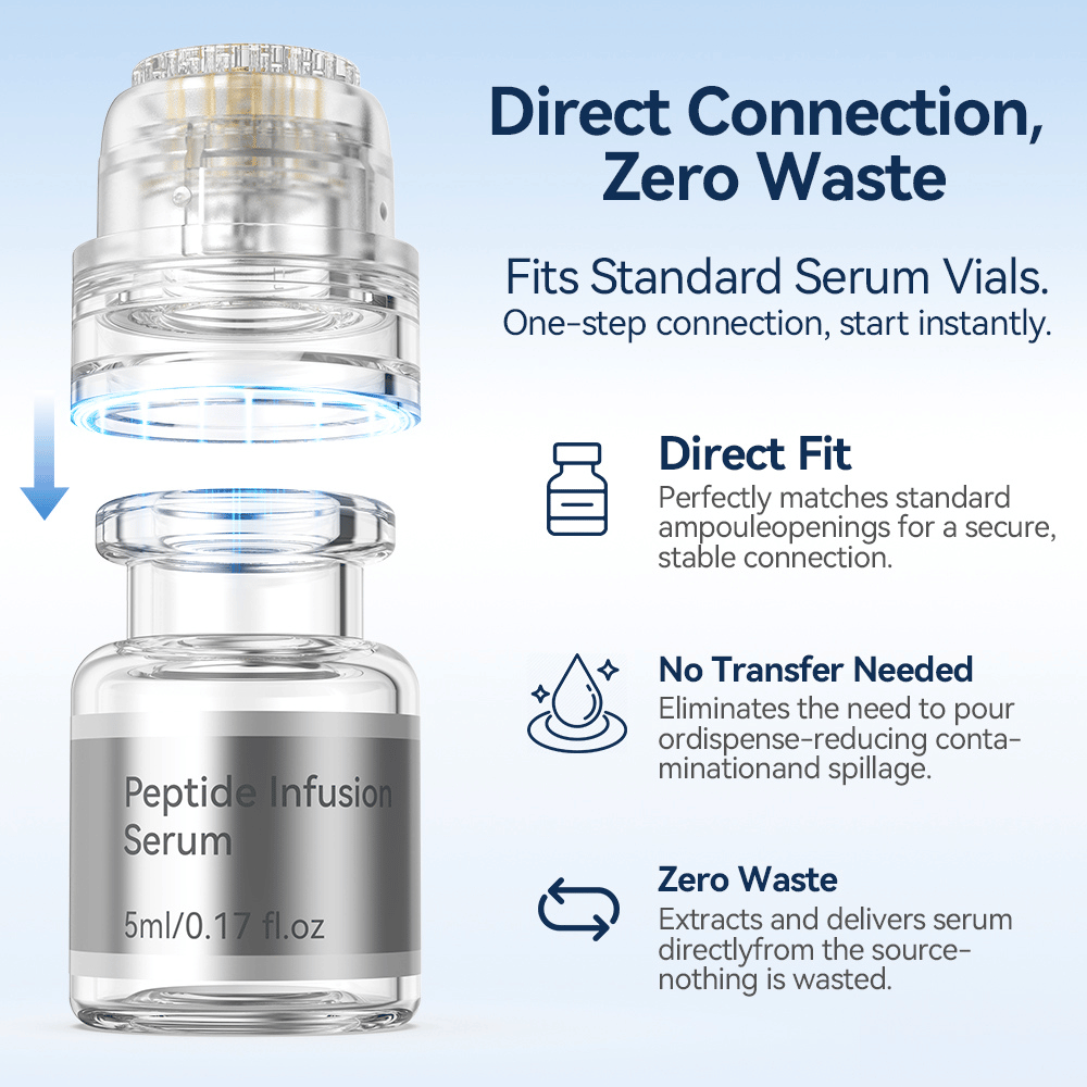 Dr. Pen MIS20 microneedle stamp that connects directly to a 5 ml serum bottle. The system allows the serum to be applied directly from the bottle without transfer, reducing waste and simplifying use.