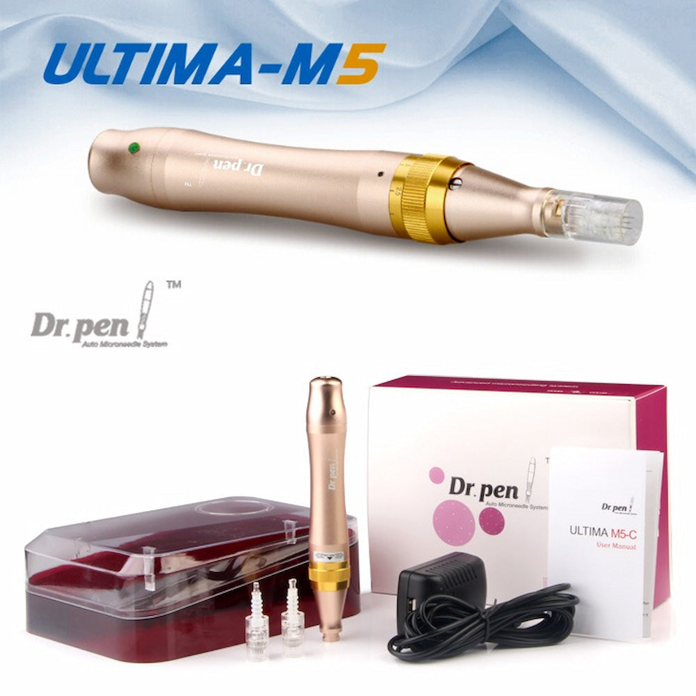 Dr. Pen Ultima M5 microneedling pen in gold with accompanying accessories, including needle cartridge, protective case, power adapter, and user manual. The upper part of the image shows the pen in close-up and the text “ULTIMA-M5”.