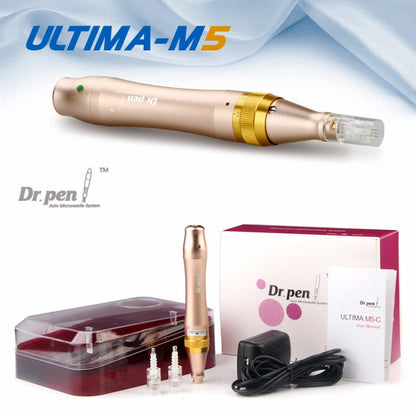 Dr. Pen Ultima M5 microneedling pen in gold with accompanying accessories, including needle cartridge, protective case, power adapter, and user manual. The upper part of the image shows the pen in close-up and the text “ULTIMA-M5”.