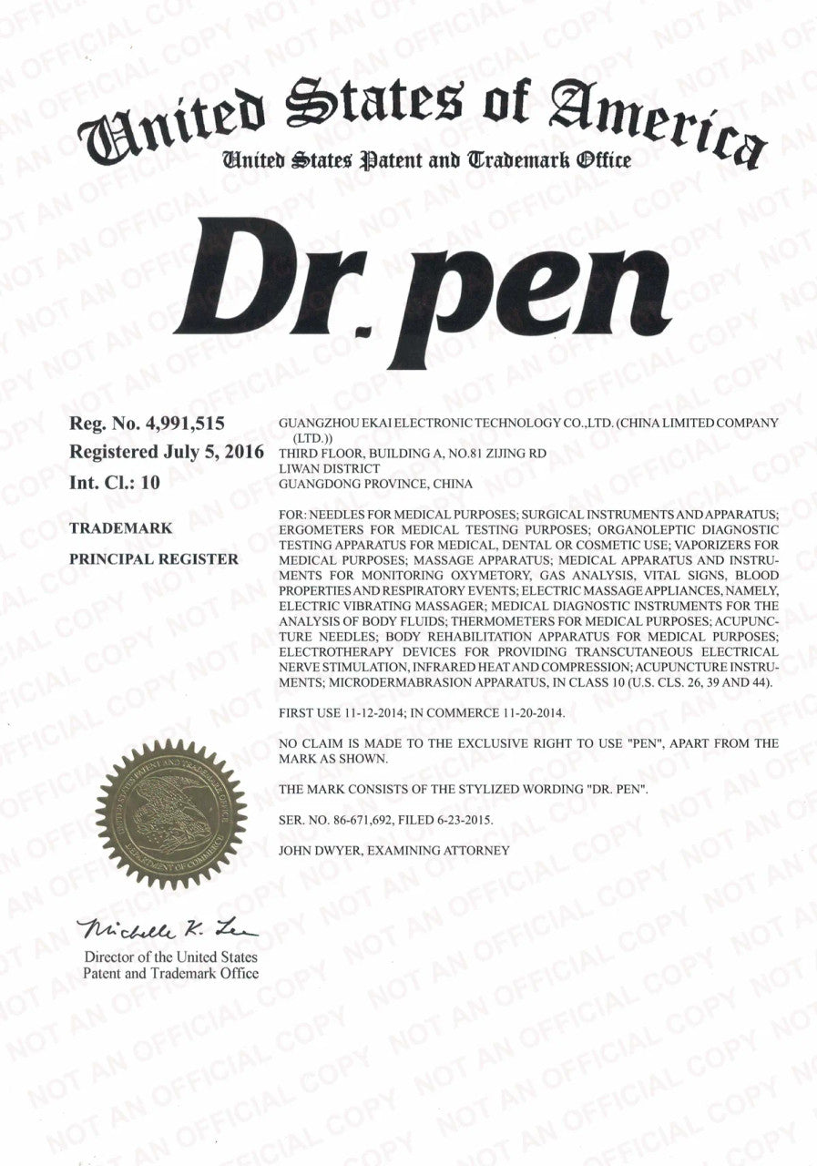 Official certificate from the United States Patent and Trademark Office showing the registration of the trademark Dr. Pen.