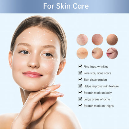 Illustration of a woman with marked arrows on the face showing skincare areas and small skin examples next to it and a list of skin issues that can be treated, such as fine lines, pores, acne scars, and skin texture.