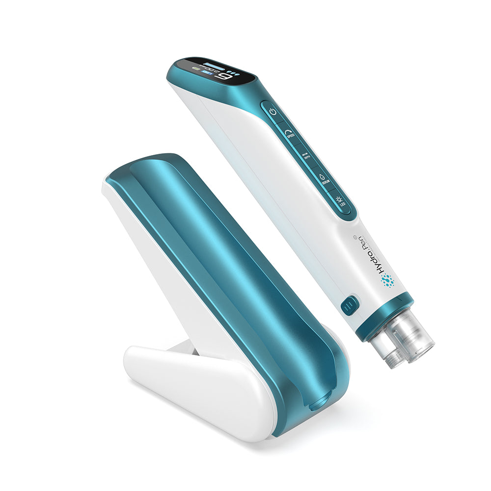 Hydra Pen H6 microneedling device and accompanying stand in turquoise and white, developed for hydra-infusion, improved serum delivery, and advanced skin renewal.