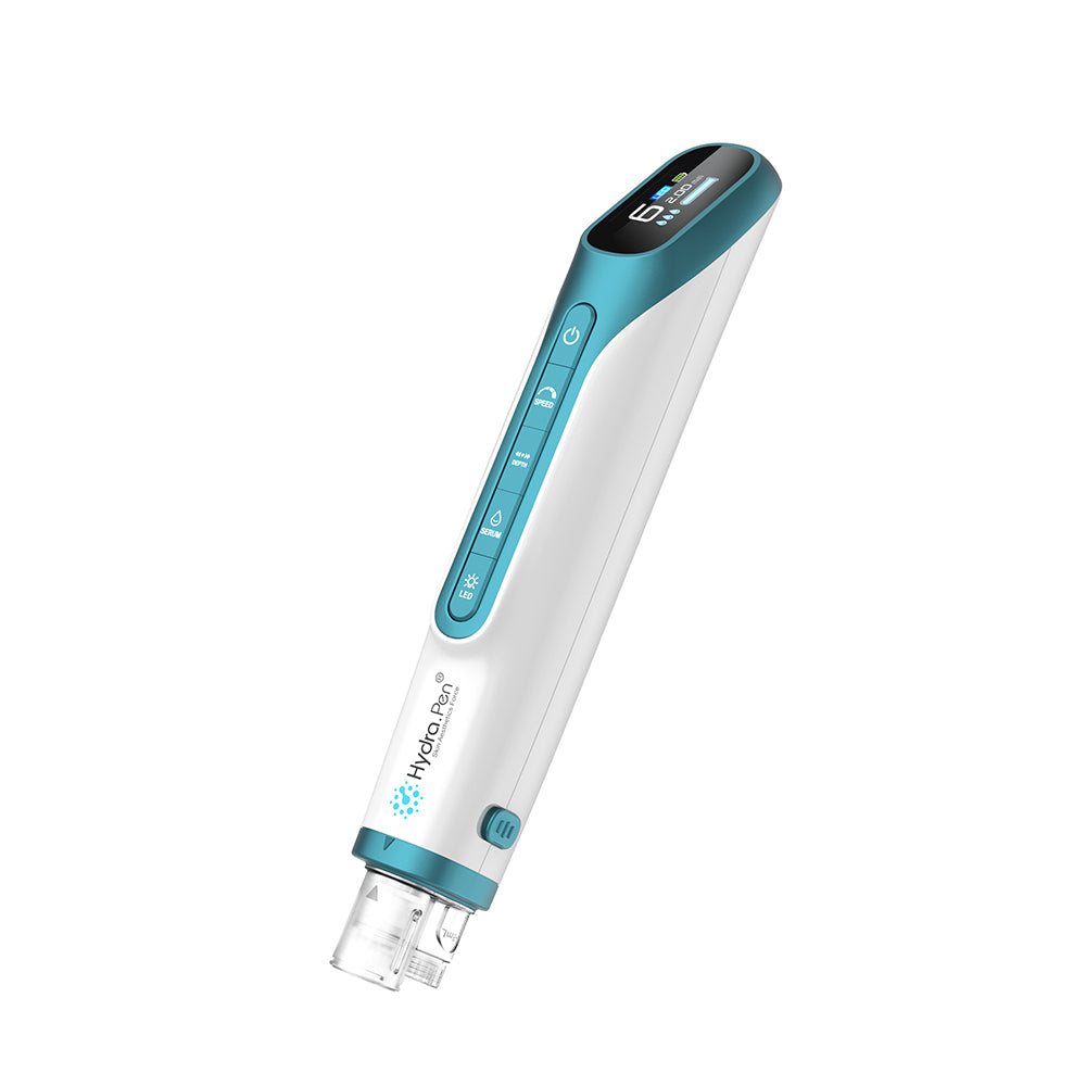 Hydra Pen H6 microneedling pen in side view with digital display and integrated serum infusion function for professional skincare.
