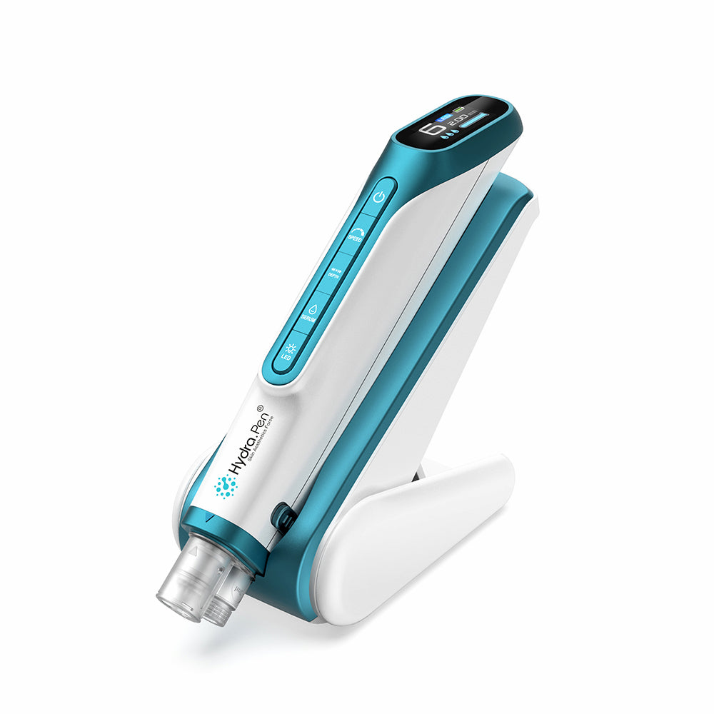 Hydra Pen H6 microneedling tool on its charging stand, designed for hydra-infusion, enhanced serum absorption, and professional skincare at home.
