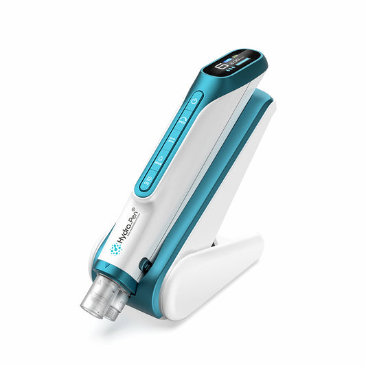 Hydra Pen H6 microneedling tool on its charging stand, designed for hydra-infusion, enhanced serum absorption, and professional home skincare.
