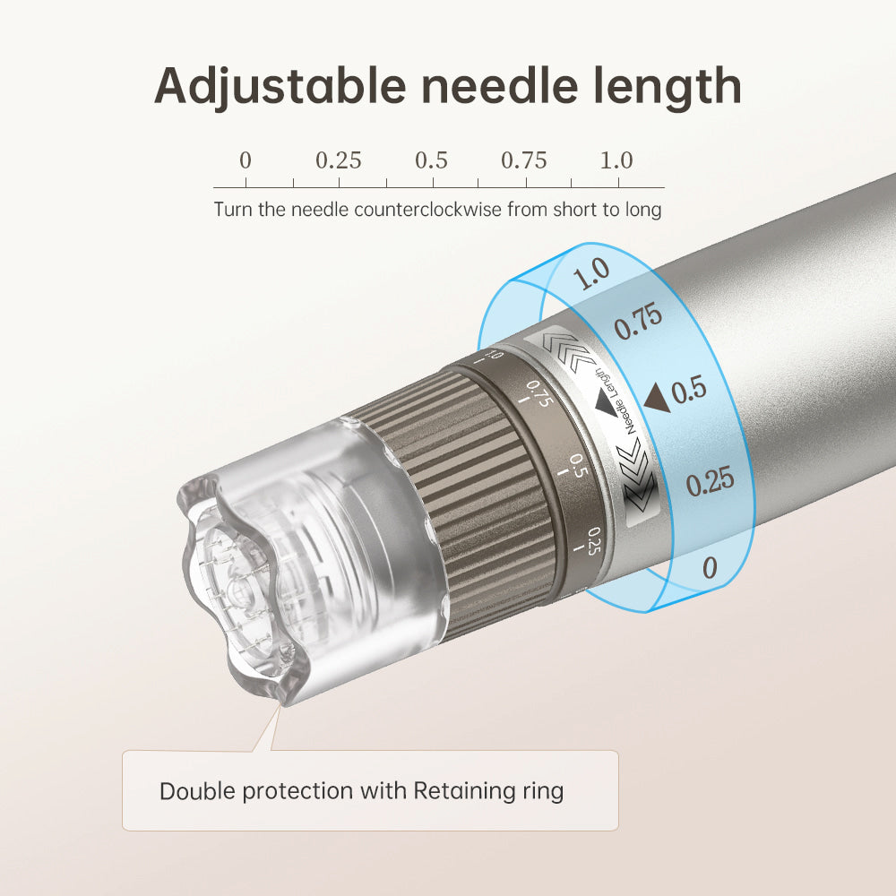 HydraPen h3 with adjustable needle depth from 0 to 1.0 mm and double protection with safety ring for precise and safe microneedling.