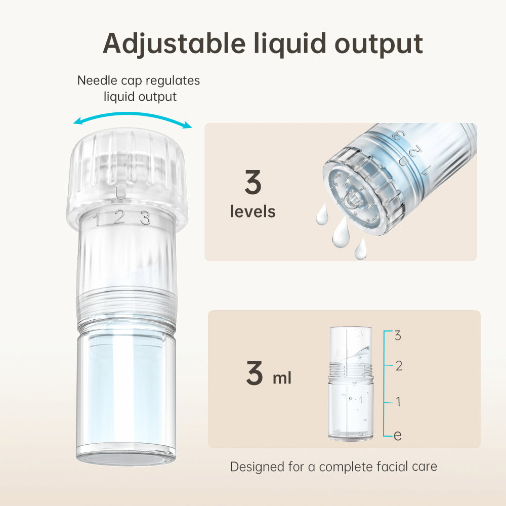 HydraPen H3 needle head with adjustable fluid dosing in three levels and 3 ml container for precise and complete facial treatment.