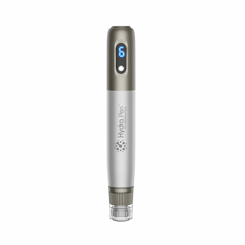 HydraPen h3 microneedling-pen in front view with digital LED display – professional tool for skin rejuvenation and serum infusion.