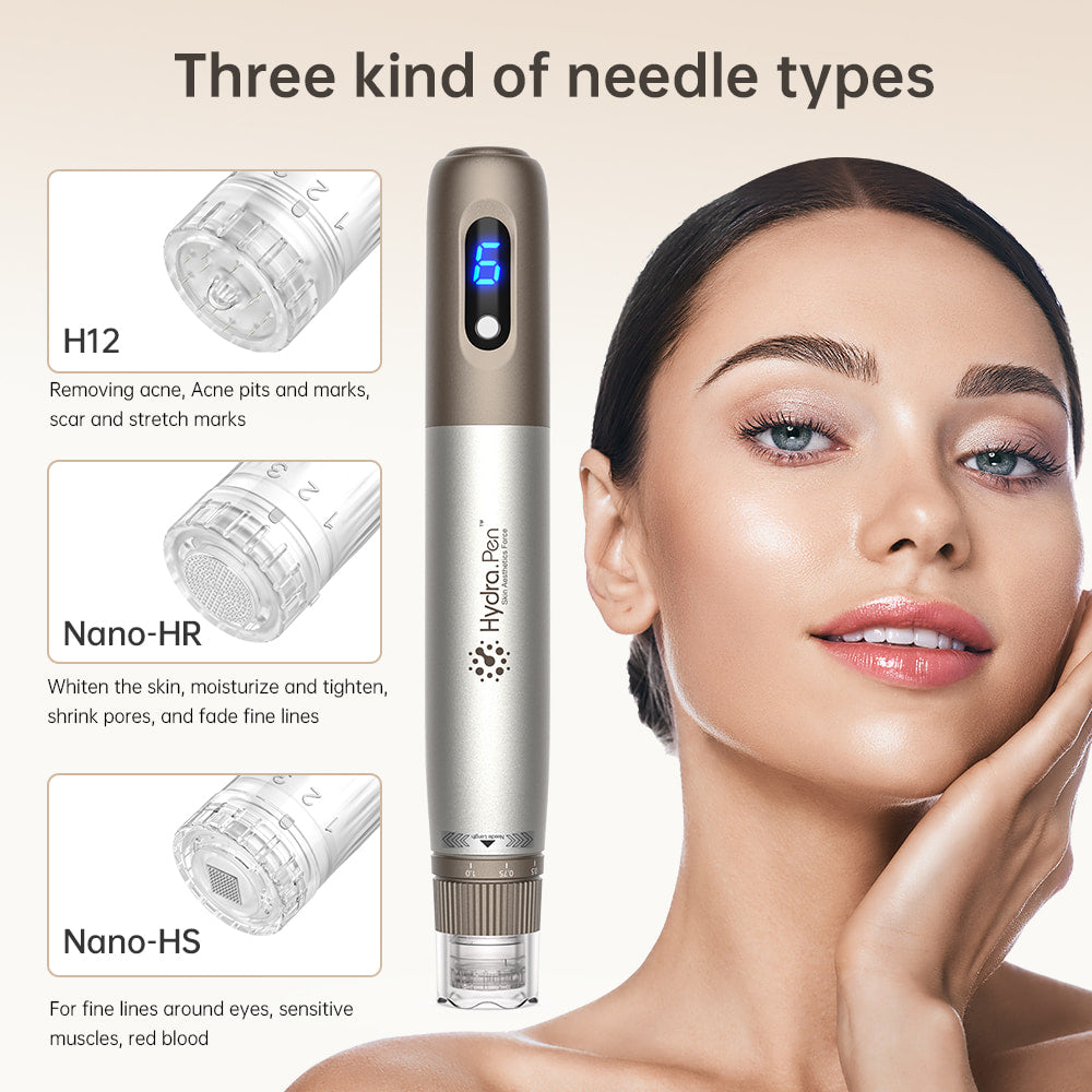 HydraPen H3 with three different needle types – H12 for scars and acne, Nano-HR for skin renewal and pore reduction, and Nano-HS for sensitive areas around the eyes.