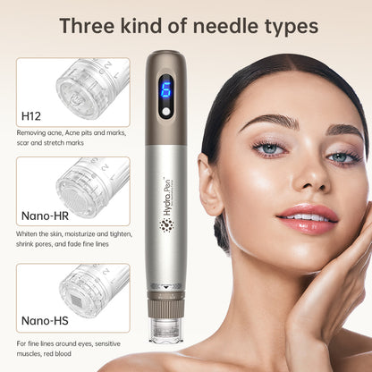 HydraPen H3 with three different needle types – H12 for scars and acne, Nano-HR for skin renewal and pore reduction, and Nano-HS for sensitive areas around the eyes.