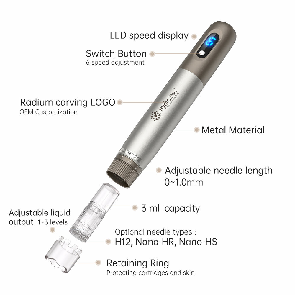 HydraPen h3 with LED speed display, 6 speeds, adjustable needle depth 0–1.0 mm, 3 ml fluid container, adjustable fluid release, and compatible needle types H12, Nano-HR, and Nano-HS.