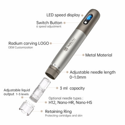 HydraPen h3 with LED speed display, 6 speeds, adjustable needle depth 0–1.0 mm, 3 ml fluid container, adjustable fluid release, and compatible needle types H12, Nano-HR, and Nano-HS.