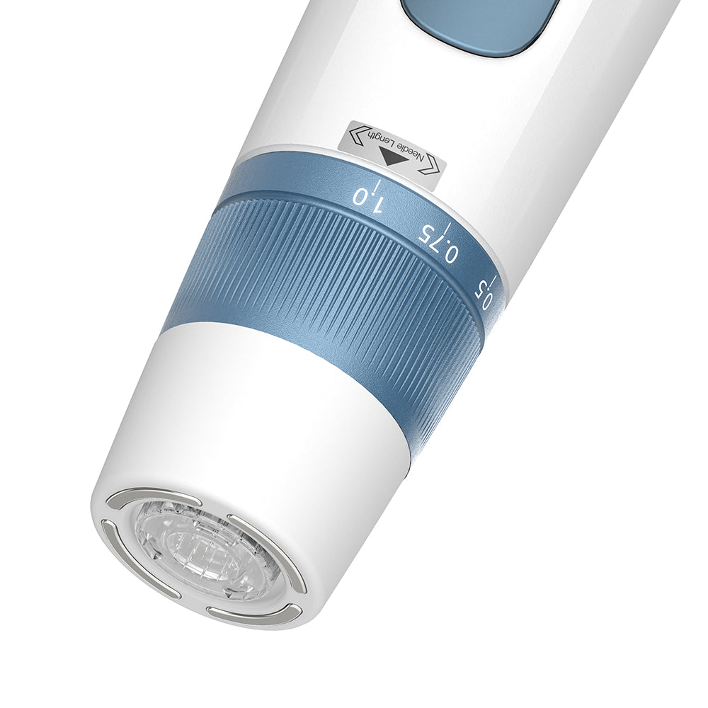 Close-up of HydraPen H5 with needle depth adjustment ring, showing millimeter markings and precision design for microneedling.