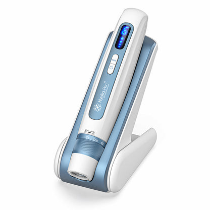 HydraPen H5 white and blue microneedling pen standing in its charging stand, advanced microneedling device for serum infusion and skin treatment.