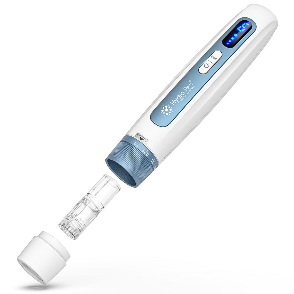 HydraPen H5 white and blue microneedling pen with removable needle cartridge and protective cap, showing easy assembly for serum infusion and skin treatment.