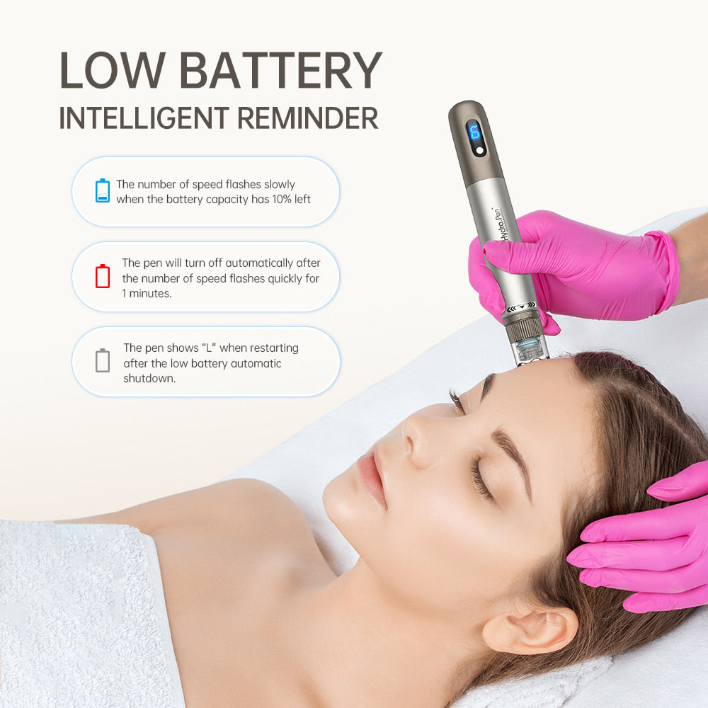 HydraPen h3 microneedling-pen showing low battery level while a therapist performs a facial treatment – intelligent battery reminder with automatic shutdown system.