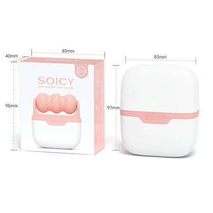 Ice Roller Soicy S30 with product box and measurements – pink and white facial roller in compact storage case.