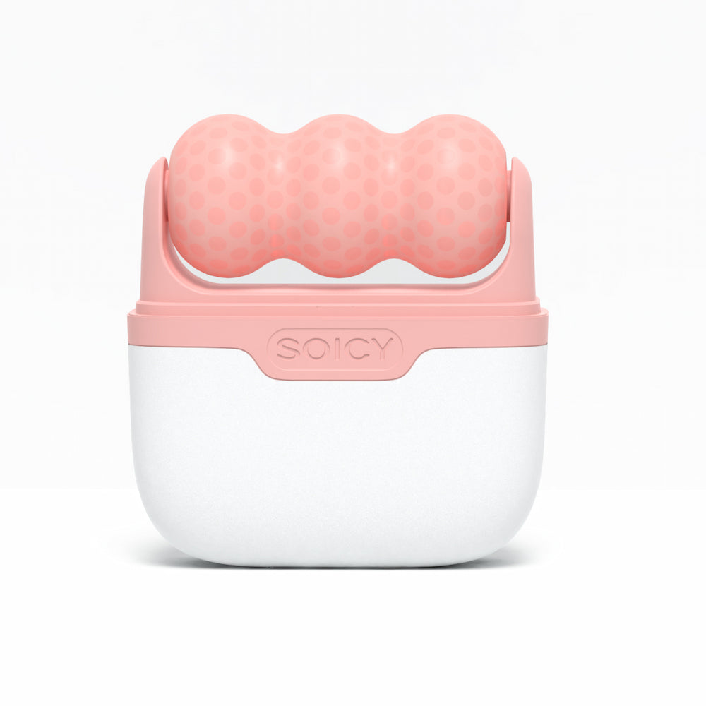 Ice Roller Soicy S30 in pink placed in its white storage case – cooling facial roller for swelling, lymphatic drainage, and skin tightening.
