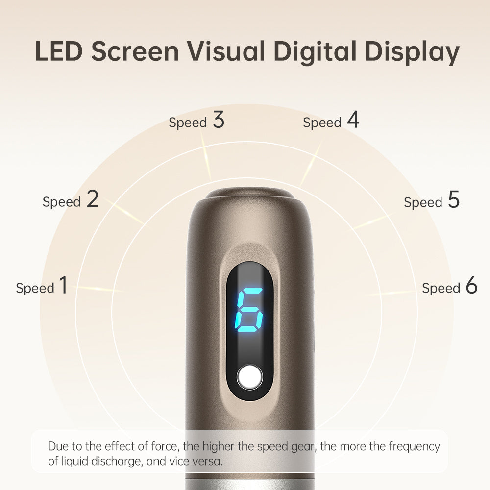 Close-up of a microneedling handle showing a blue LED display with speed level 6, surrounded by graphic markings for speeds 1 to 6 and text on how higher speed provides faster fluid flow.