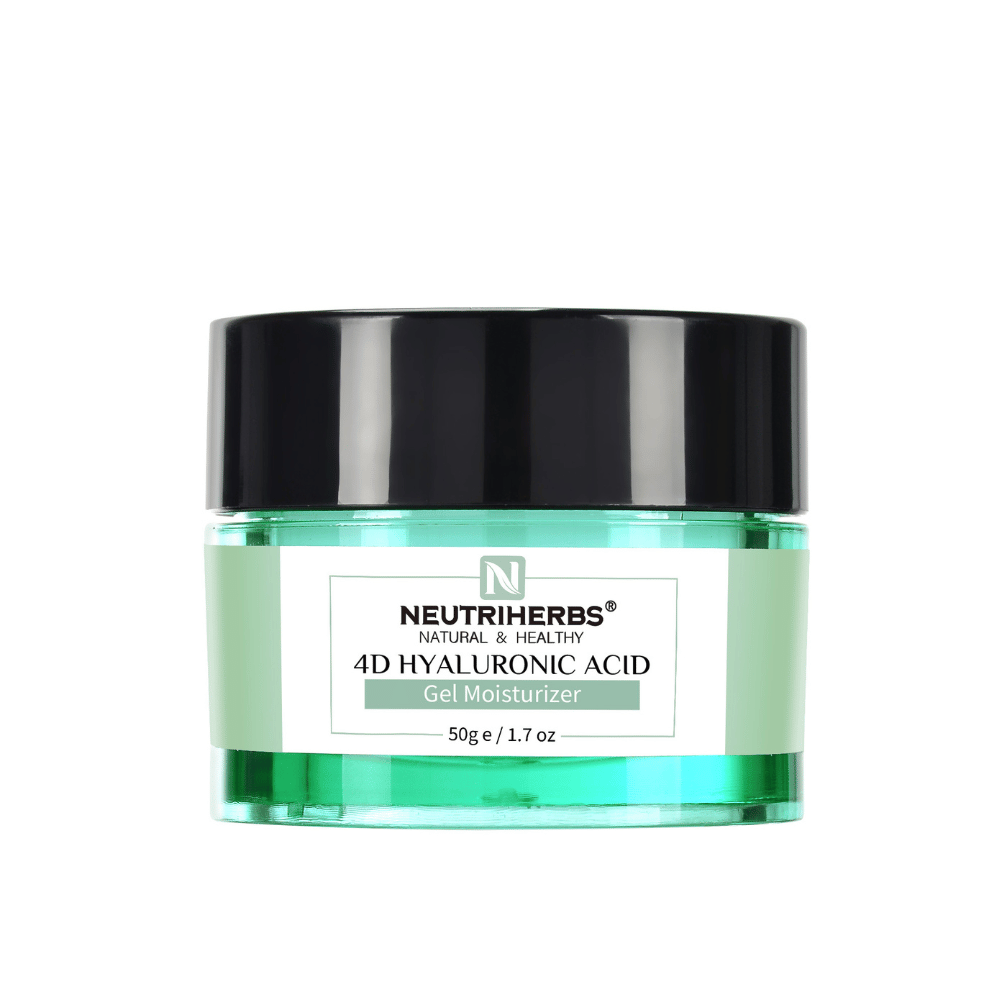 Neutriherbs 4D Hyaluronic Acid Gel Moisturizer 50 g in a green jar. A lightweight gel cream with 4D hyaluronic acid that hydrates the skin on multiple levels, helps strengthen the skin barrier, and leaves the skin soft, smooth, and fresh without a greasy feel.