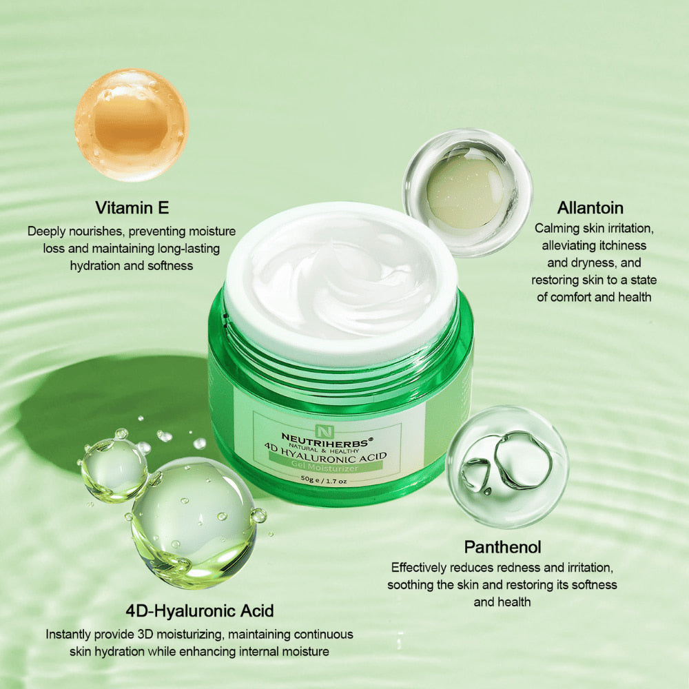 Neutriherbs 4D Hyaluronic Acid Gel Moisturizer 50 g with illustration of active ingredients. The cream contains 4D hyaluronic acid for long-lasting hydration as well as vitamin E, panthenol, and allantoin that help hydrate, soothe the skin, and strengthen the skin’s protective barrier.