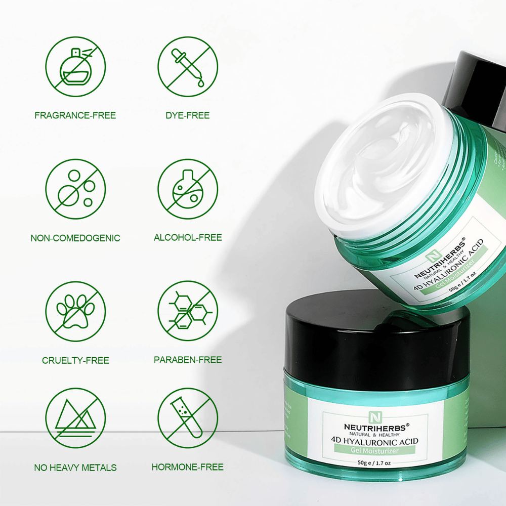 Neutriherbs 4D Hyaluronic Acid Gel Moisturizer 50 g with illustration of the product’s properties. The gel cream is fragrance-free, alcohol-free, colorant-free, non-comedogenic, paraben-free, and cruelty-free, as well as free from heavy metals and hormones, making it gentle for all skin types, including sensitive skin.