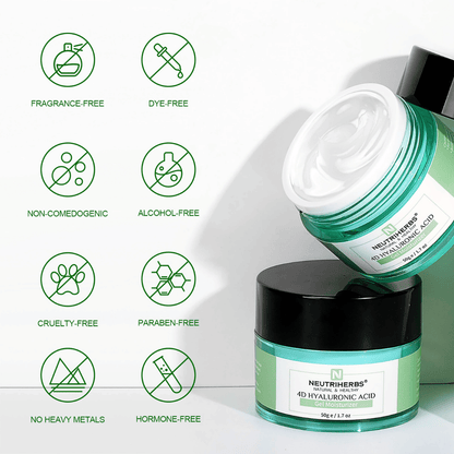 Neutriherbs 4D Hyaluronic Acid Gel Moisturizer 50 g with illustration of the product’s properties. The gel cream is fragrance-free, alcohol-free, colorant-free, non-comedogenic, paraben-free, and cruelty-free, as well as free from heavy metals and hormones, making it gentle for all skin types, including sensitive skin.