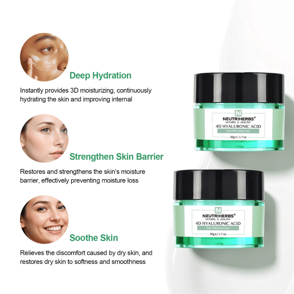 Neutriherbs 4D Hyaluronic Acid Gel Moisturizer 50 g with illustration of the product’s main benefits. The gel cream provides intense hydration, helps strengthen the skin’s protective barrier, and soothes dry and sensitive skin for a softer and smoother skin feel.