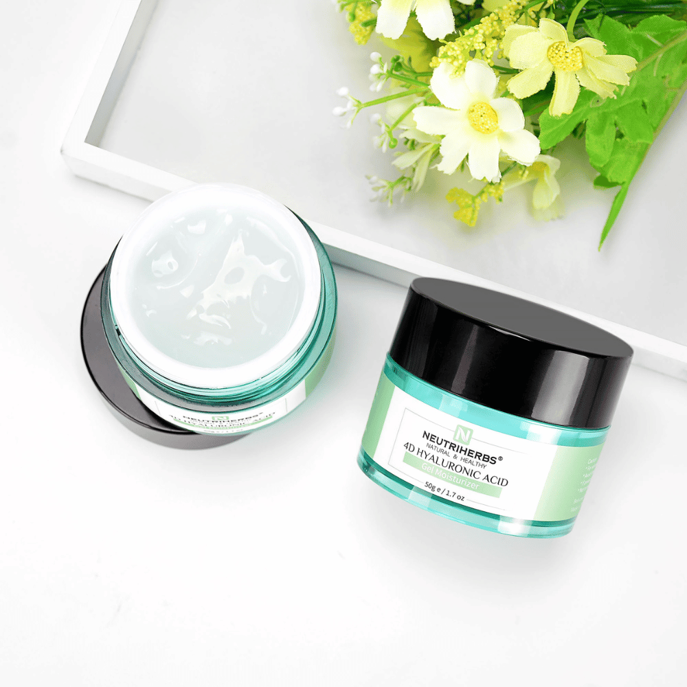 Opened and closed jar of Neutriherbs 4D Hyaluronic Acid Gel Moisturizer 50 g. The image shows the gel cream’s light, fresh texture that absorbs quickly and provides intense hydration without feeling sticky or greasy on the skin.