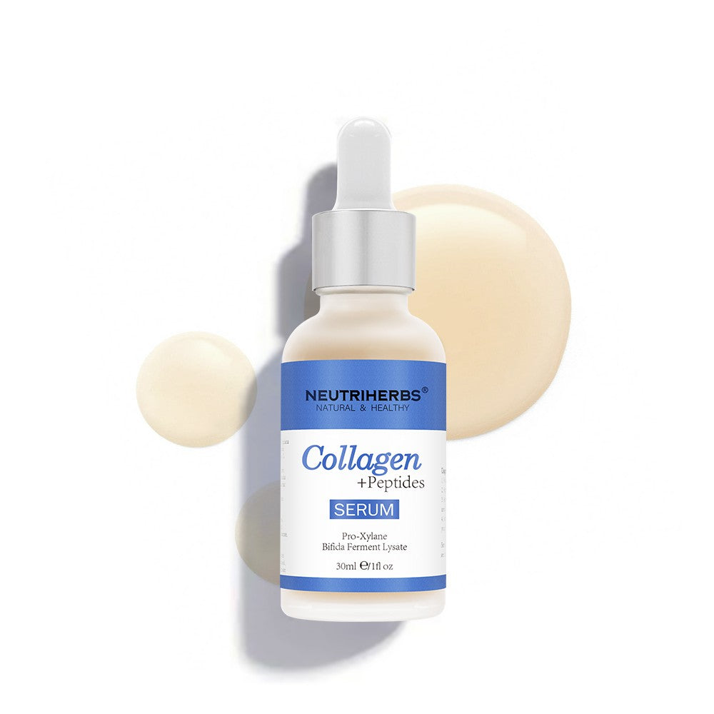 Neutriherbs Collagen + Peptides Serum 30 ml against a white background with decorative collagen bubbles. A hydrating and firming facial serum that helps improve the skin’s elasticity and reduce visible fine lines.