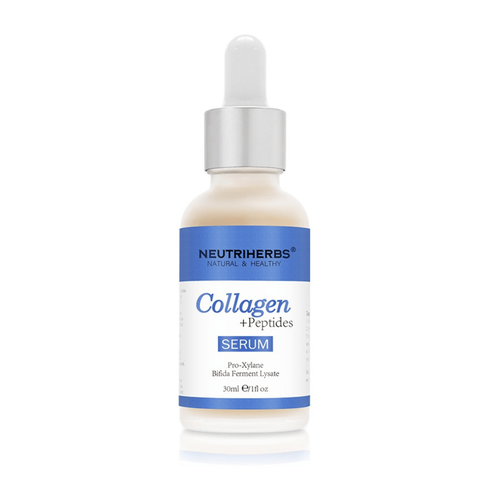 Neutriherbs Collagen + Peptides Serum 30 ml with collagen and peptides. A firming facial serum that improves the skin’s elasticity, deeply hydrates, and helps reduce fine lines and signs of aging.