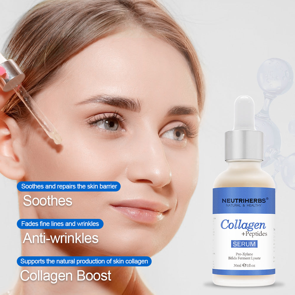 Woman applying Neutriherbs Collagen + Peptides Serum 30 ml to the face with a dropper. A hydrating serum that helps strengthen the skin barrier, improve the skin’s elasticity, and reduce visible fine lines and wrinkles.