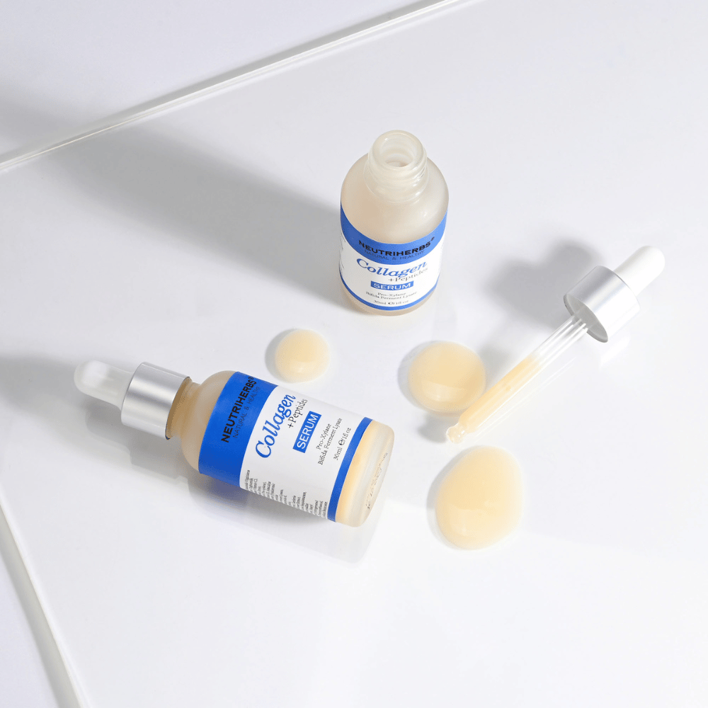 Neutriherbs Collagen + Peptides Serum 30 ml with open bottle, dropper, and serum texture. Close-up showing the silky-smooth texture and the practical dropper applicator for precise dosing.