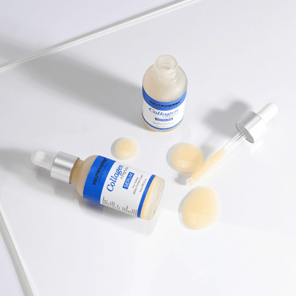 Neutriherbs Collagen + Peptides Serum 30 ml with open bottle, dropper, and serum texture. Close-up showing the silky-smooth texture and the practical dropper applicator for precise dosing.