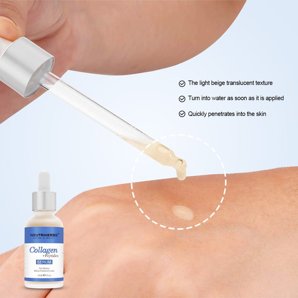 Close-up of Neutriherbs Collagen + Peptides Serum 30 ml being applied to the skin with a dropper. The image shows the serum’s light, fast-absorbing texture that hydrates the skin without feeling sticky.