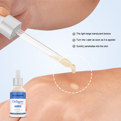 Close-up of Neutriherbs Collagen + Peptides Serum 30 ml being applied to the skin with a dropper. The image shows the serum’s light, fast-absorbing texture that hydrates the skin without feeling sticky.