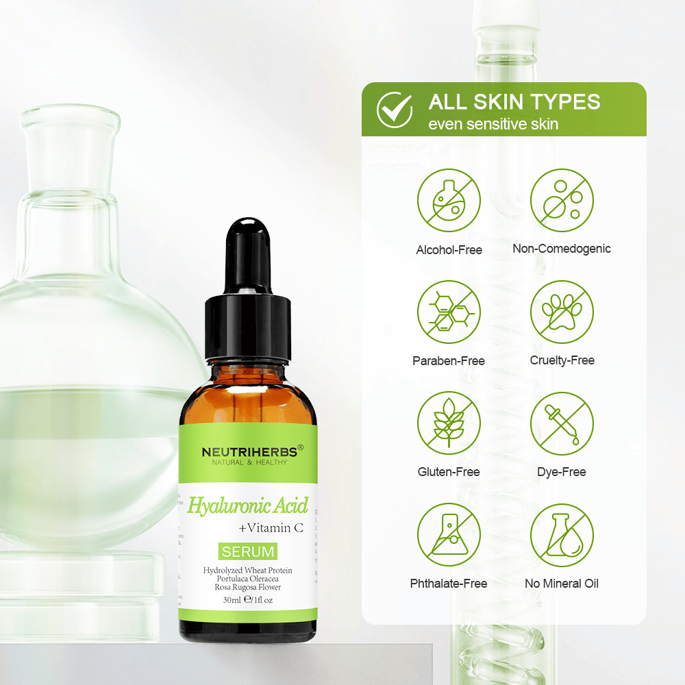 Neutriherbs Hyaluronic Acid + Vitamin C Serum 30 ml for all skin types, including sensitive skin. Moisturizing facial serum without alcohol, parabens, mineral oil, or colorants that strengthens the skin barrier and gives the skin radiance.