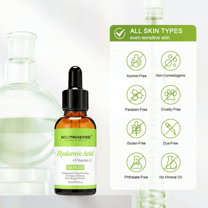 Neutriherbs Hyaluronic Acid + Vitamin C Serum 30 ml for all skin types, including sensitive skin. Moisturizing facial serum without alcohol, parabens, mineral oil, or colorants that strengthens the skin barrier and gives the skin radiance.